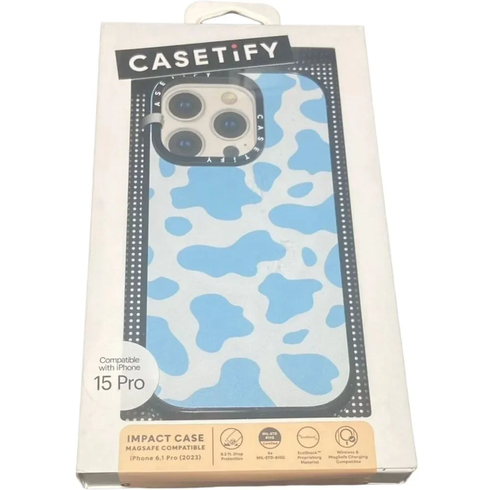 iPhone 15 Pro Case MagSafe CASETiFY Impact Blue Cow Print Protective Cover